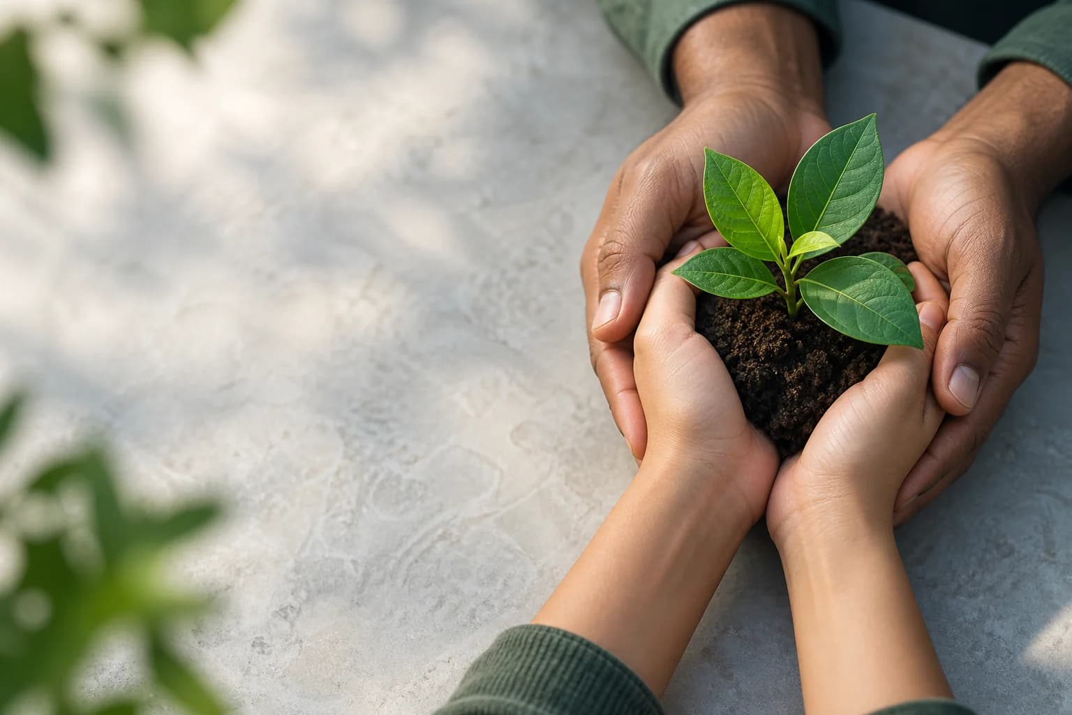 Hands holding a young plant, an illustration of collective impact